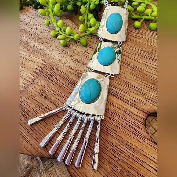 Style and Co three stone highlight turquoise and silver long necklace NWT - Picture 1 of 6